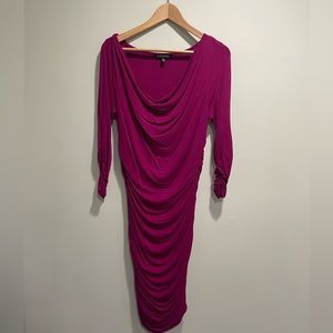 {Express} magenta midi dress cowl neck rouched middle Women's M 3/4 sleeve